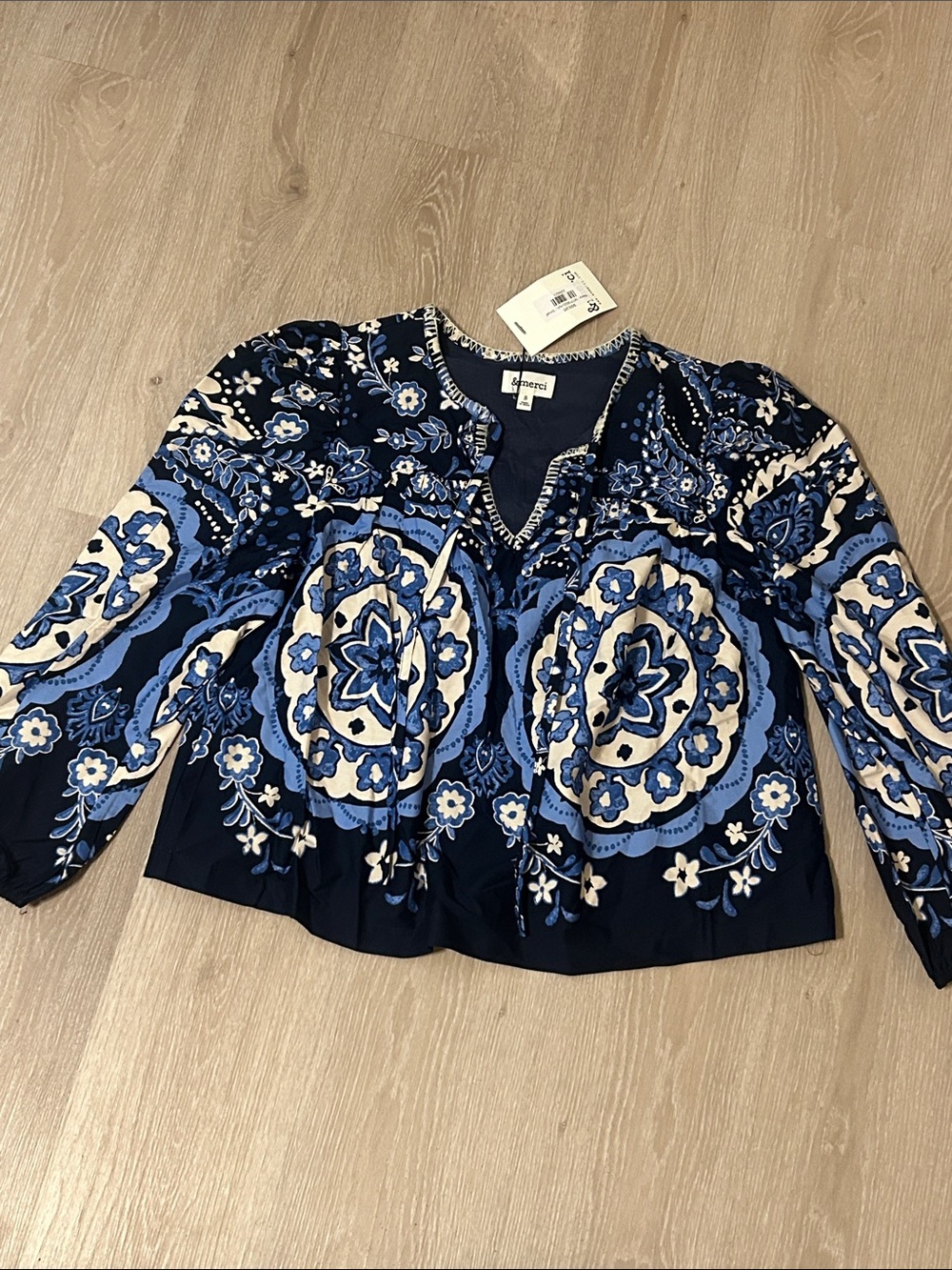 &merci NWT Boho Floral Medalian Blue Long-Sleeve Puff Sleeve Peasant Top sz S
